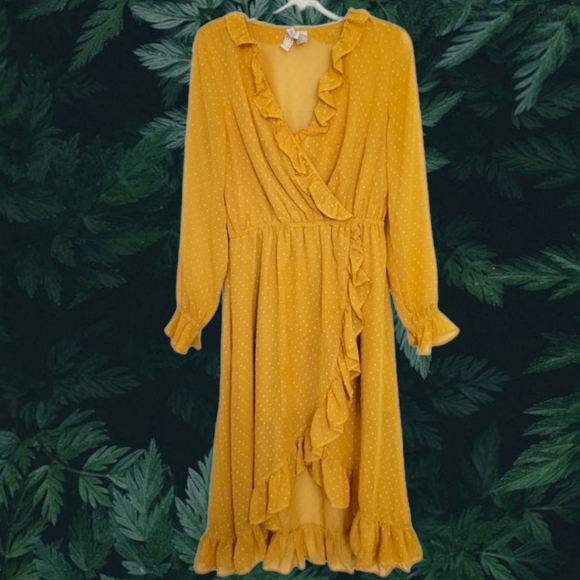 H&M Dresses Hm Yellow Faux Wrap Midi Dress Long Sleeve Sz 6 Poshmark